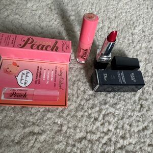Dior Rouge Lipstick in Red , too faced peach lip oil mini
